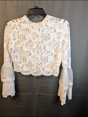 Revamped Boho White Lace Mock Neck Crop Top with Tulle Bell Sleeves